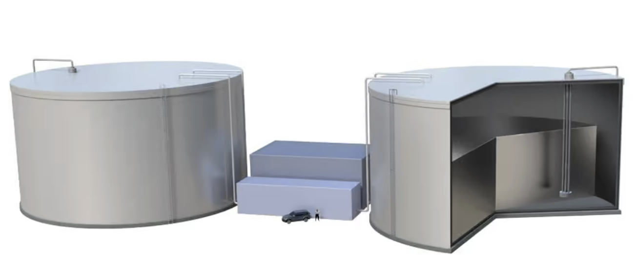 Overview of MIT's proposed thermal energy storage battery, showing the hot and the cold tanks for the molten silicon, and the containers for the charging and the discharging units IMAGE@Caleb Amy