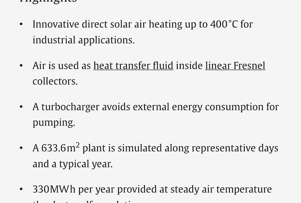 Published at Energy – Turbo-assisted direct solar air heater for medium temperature industrial processes using Linear Fresnel Collectors. Assessment on daily and yearly basis