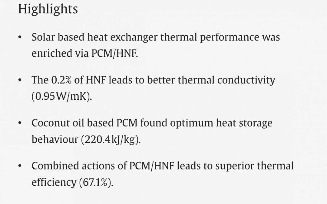 Published at Journal of Energy Storage – Enrichment and thermal characteristics study of coconut oil based phase change material configured concentrated solar heat exchanger